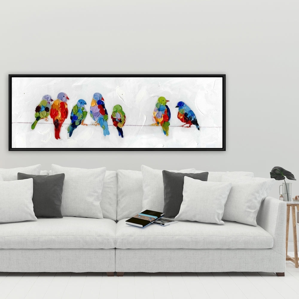 Colorful Birds on a Wire - Blue Bedroom Framed Canvas Decor