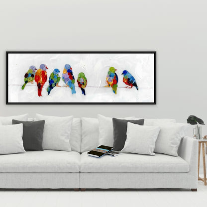 Colorful Birds on a Wire - Blue Bedroom Framed Canvas Decor