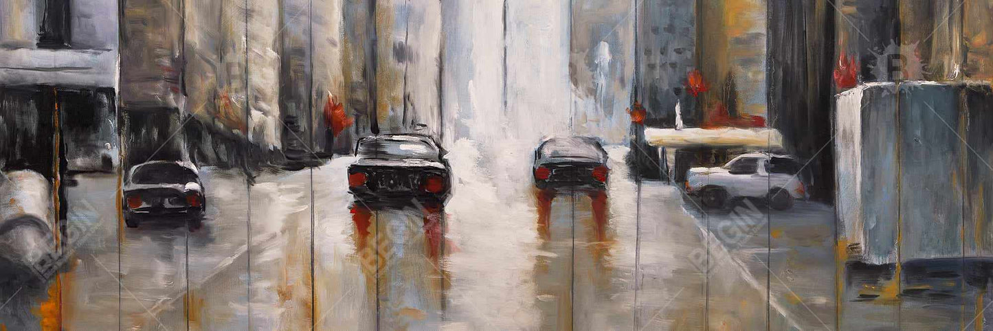 Voitures sous la pluie matinale | Toile encadrée industrielle marron