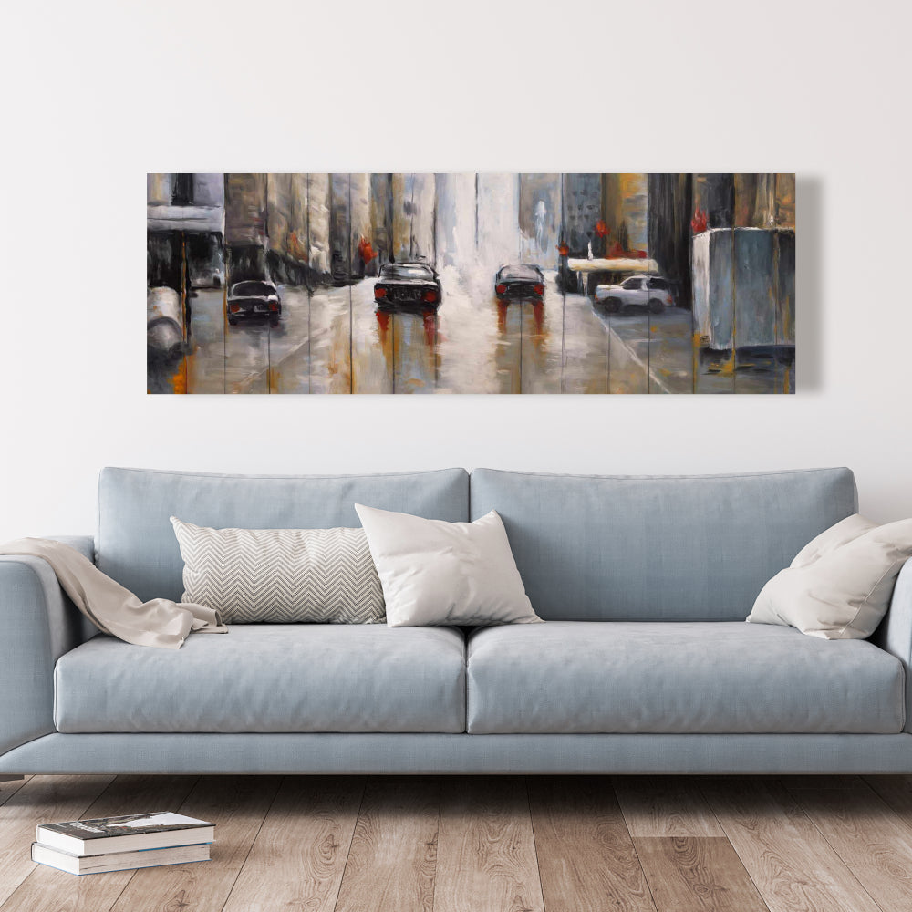 Cars in the Morning Rain Canvas - Brown Bedroom Wall Art Decor