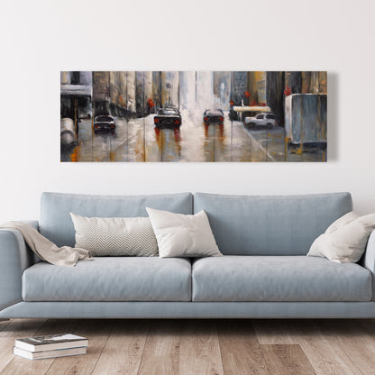 Cars in the Morning Rain Canvas - Brown Bedroom Wall Art Decor