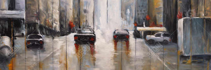 Cars in the Morning Rain | Brown Industrial Framed Canvas Decor