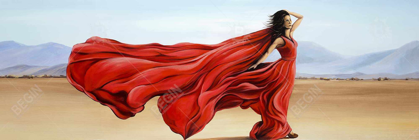 Red Dress in Desert - Blue Contemporary Beach Canvas Decor