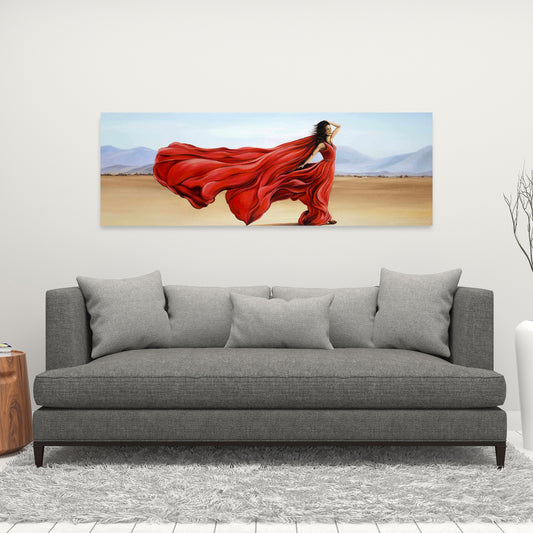 Red Dress in Desert - Blue Contemporary Beach Canvas Decor