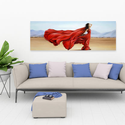 Red Dress in Desert - Blue Contemporary Beach Canvas Decor
