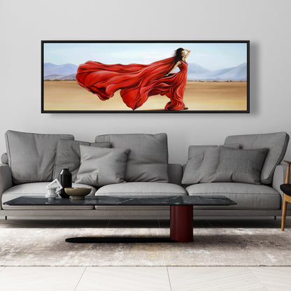 Red Dress in Desert | Blue Fashion Beach Canvas for Home Decor
