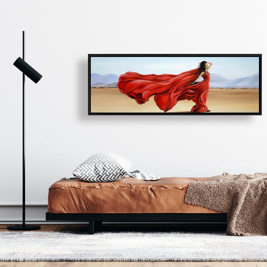 Red Dress in Desert | Blue Fashion Beach Canvas for Home Decor