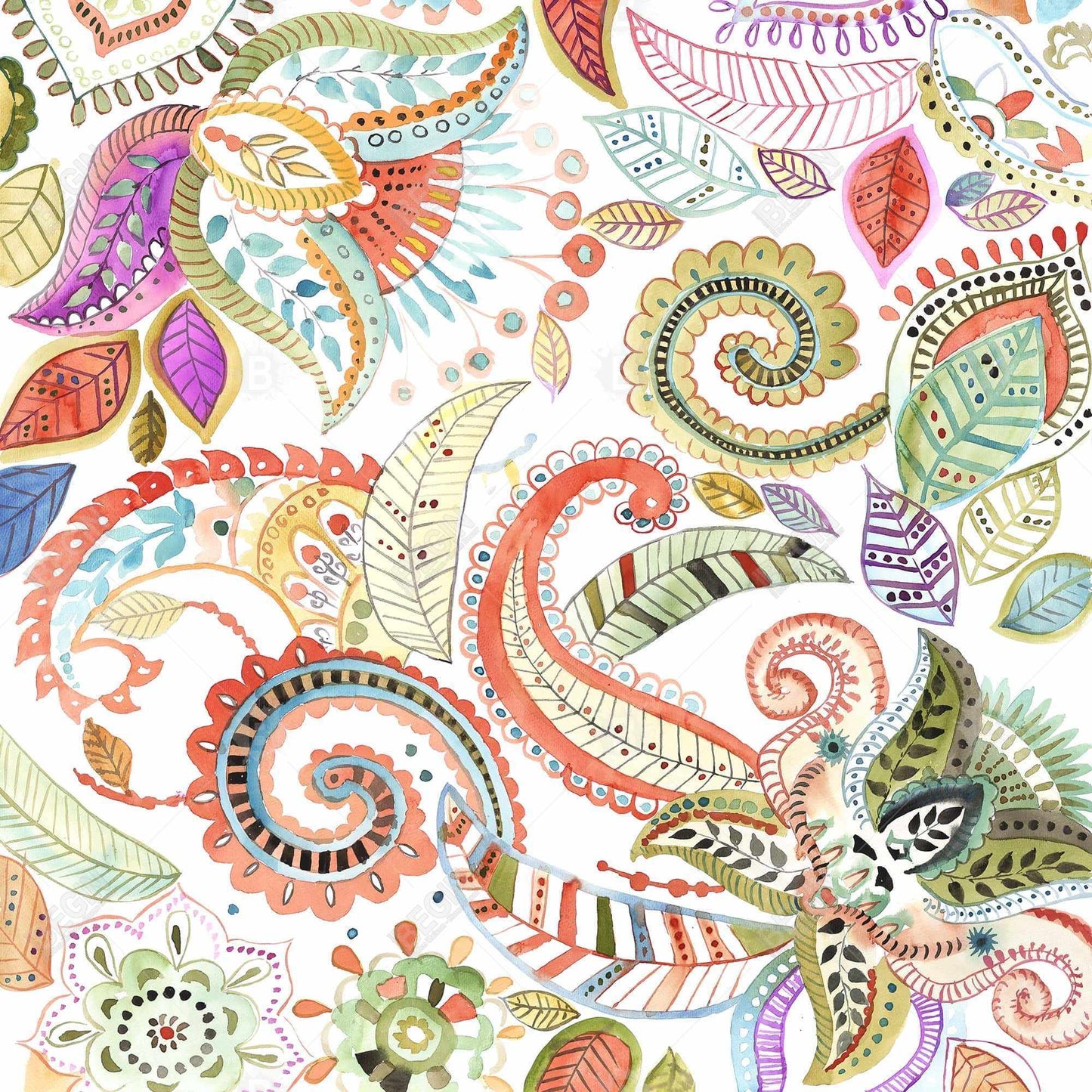 Watercolor Paisley Floral Green Canvas | Bedroom Decor
