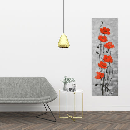 Toile botanique grise à grandes fleurs rouges - Décoration murale