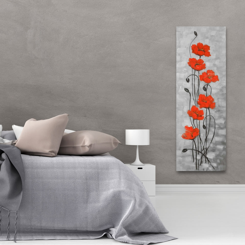 Toile botanique grise à grandes fleurs rouges - Décoration murale