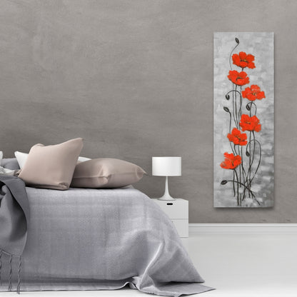 Toile botanique grise à grandes fleurs rouges - Décoration murale
