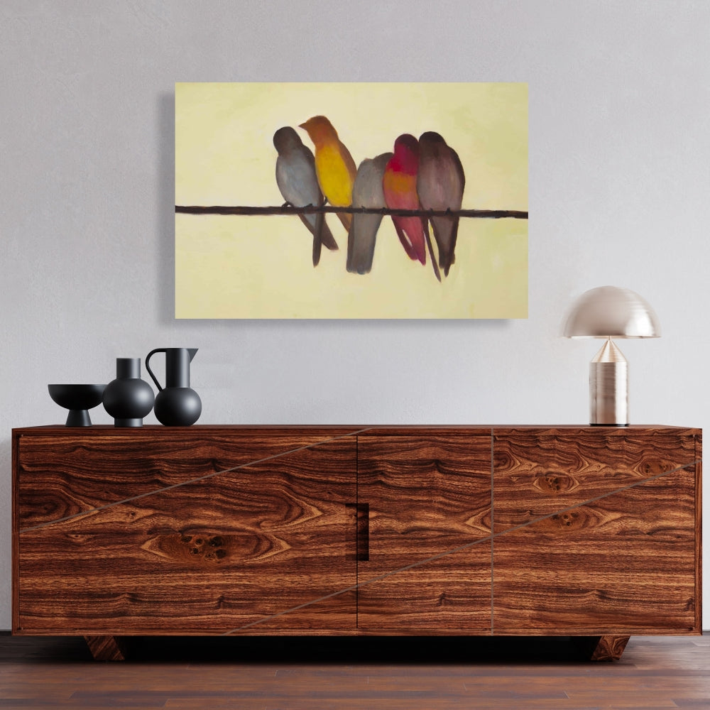 Five Birds on a Branch Canvas - Brown Contemporary Decor