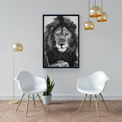 Toile encadrée Le Roi Lion - Cadre blanc - Décoration d'intérieur féline