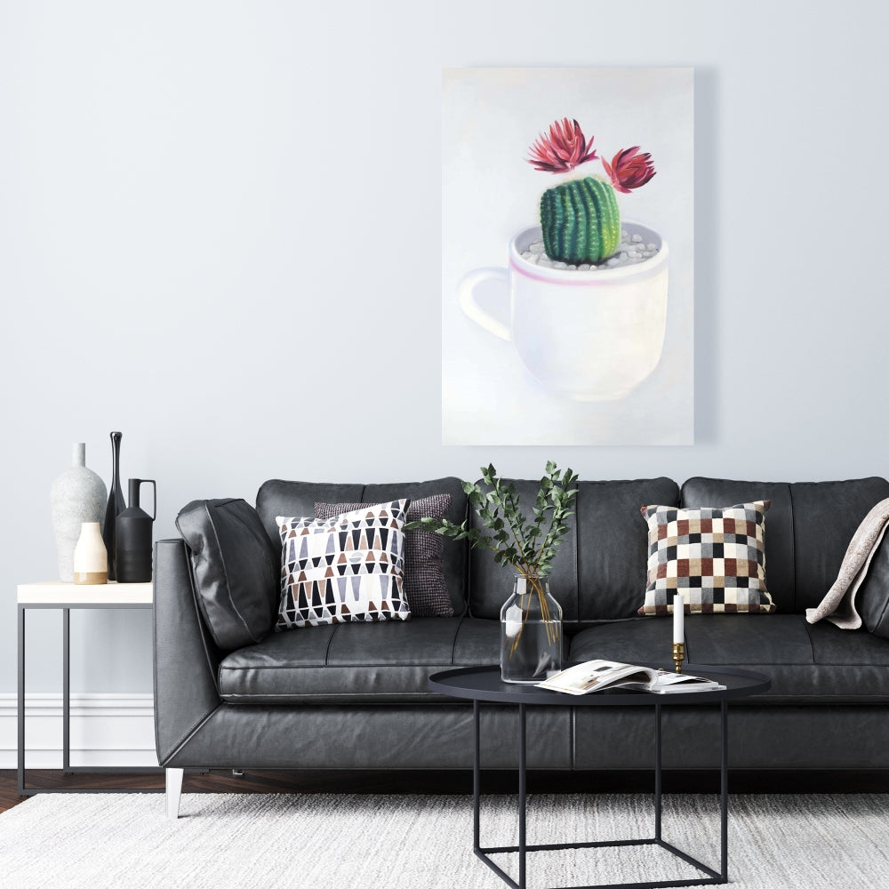 Exotic White Floral Canvas - Mini Cactus in a Cup Decor