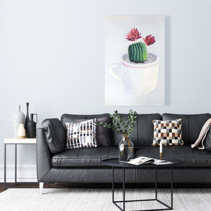 Exotic White Floral Canvas - Mini Cactus in a Cup Decor
