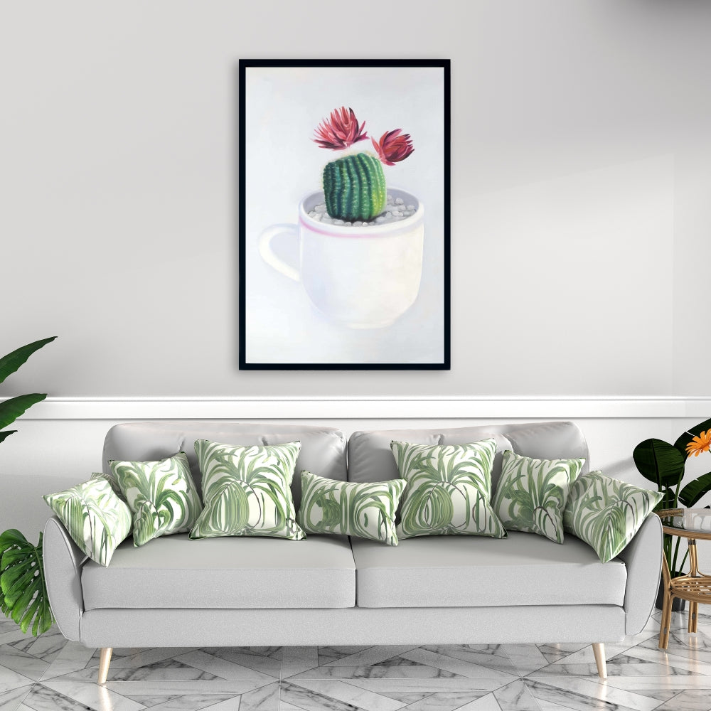 White Floral Exotic Canvas - Mini Cactus in a Cup Decor