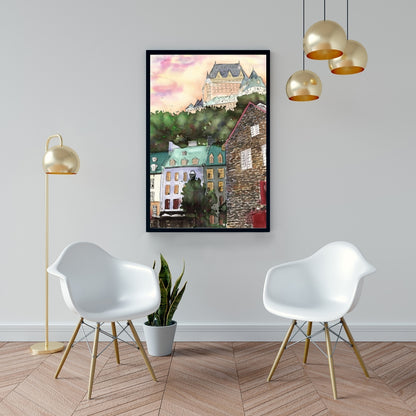 Toile du Château Frontenac | Décoration d'intérieur encadrée avec arbres bruns