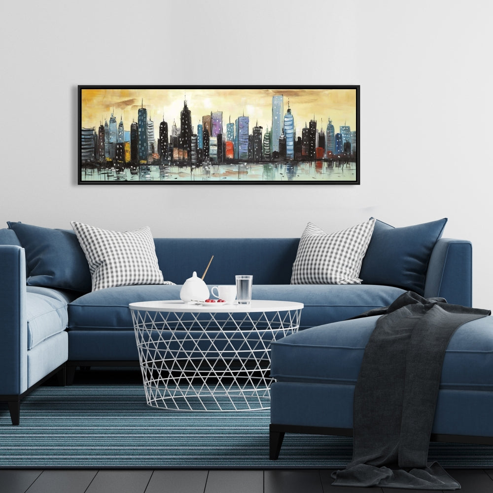 Blue Skyline Abstract Cityscape | Framed Canvas Home Decor