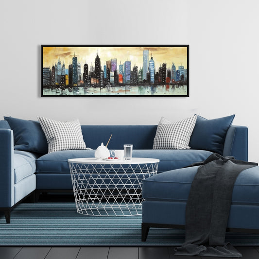 Blue Skyline Abstract Cityscape | Framed Canvas Home Decor