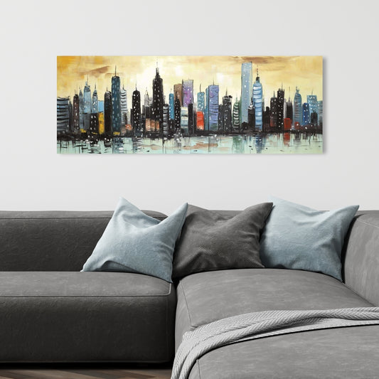 Skyline on Abstract Cityscape - Blue Canvas for Modern Bedroom
