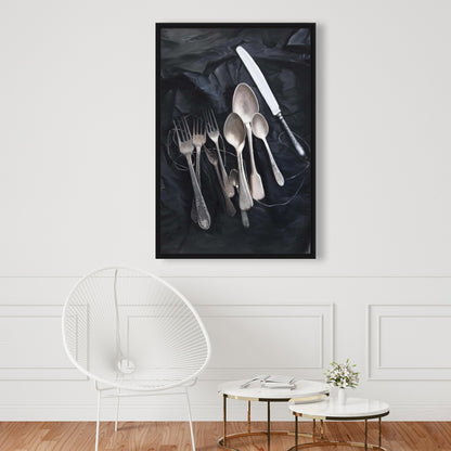 Nature morte vintage sur toile encadrée - Décoration de couverts vintage