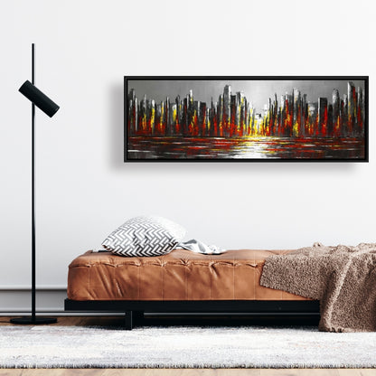 Toile abstraite Skyline rouge | Décoration murale avec cadre gris