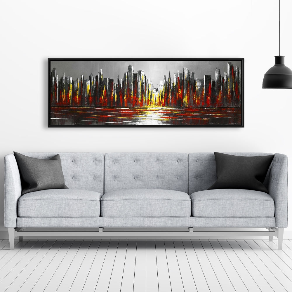 Abstract Red Skyline Canvas | Gray Frame Wall Art Decor
