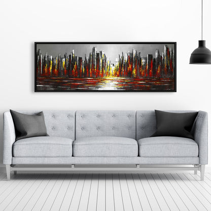 Abstract Red Skyline Canvas | Gray Frame Wall Art Decor