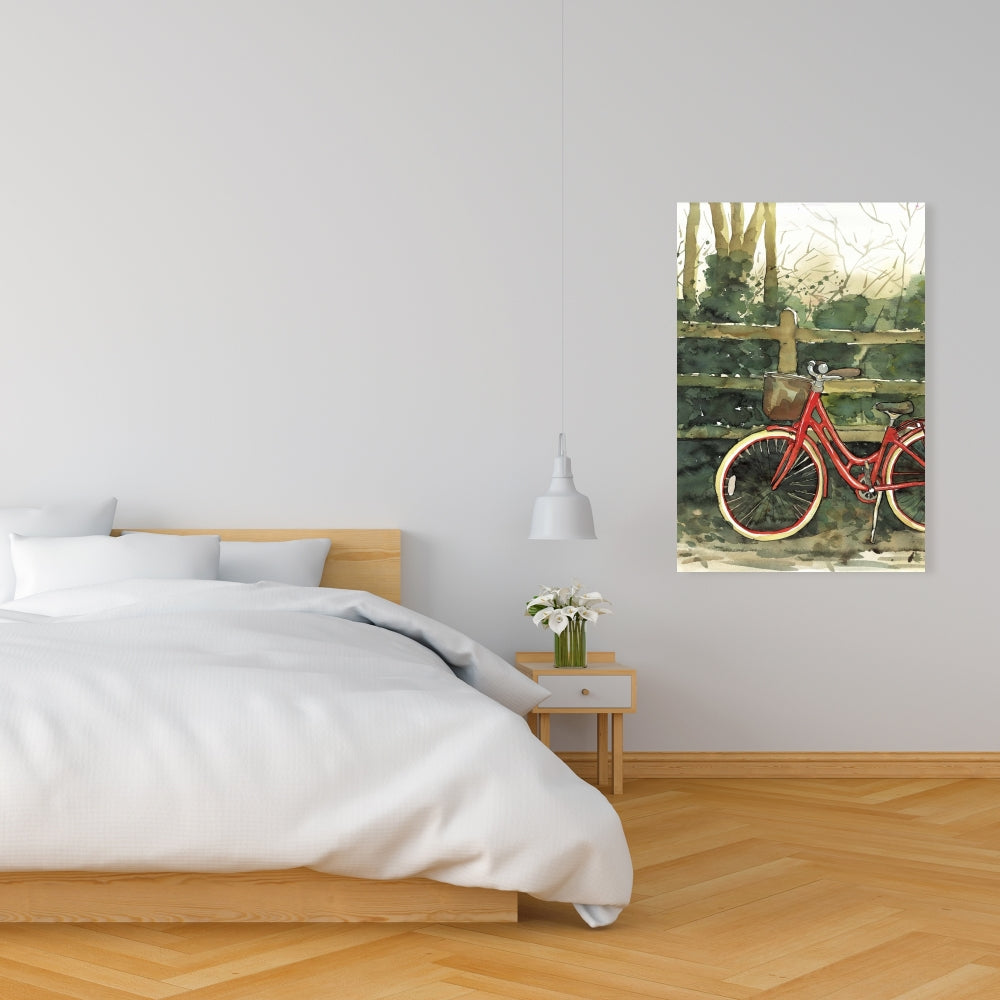 Red Canvas Transportation Bike Art | Riding in the Woods Decor