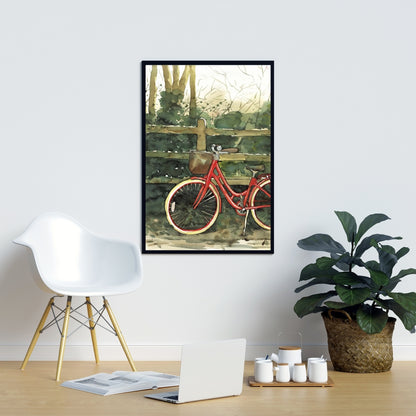 Red Bedroom Decor | Riding in the Woods Bicycle Framed Canvas
