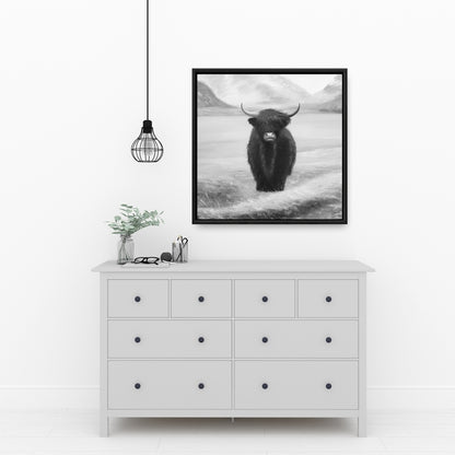 Toile monochrome « Vache des Highlands » | Décoration de chambre avec animaux blancs