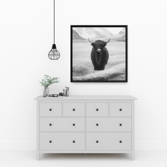 Toile monochrome « Vache des Highlands » | Décoration de chambre avec animaux blancs