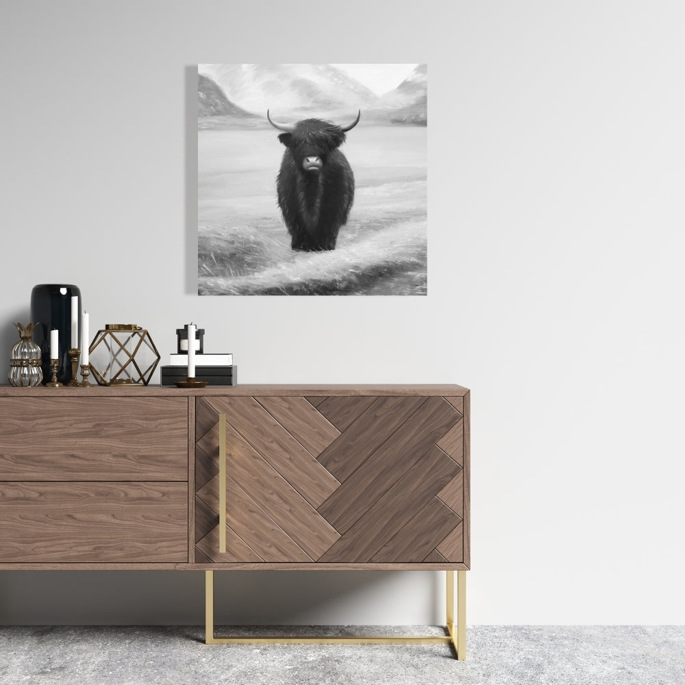 Monochrome Highland Cow Canvas - White Animals Bedroom Decor
