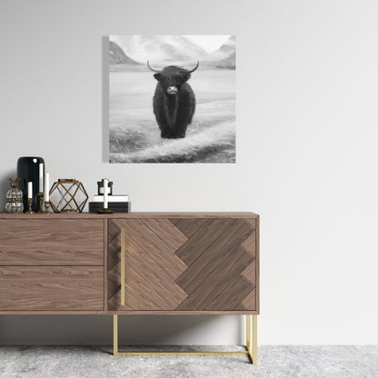 Monochrome Highland Cow Canvas - White Animals Bedroom Decor
