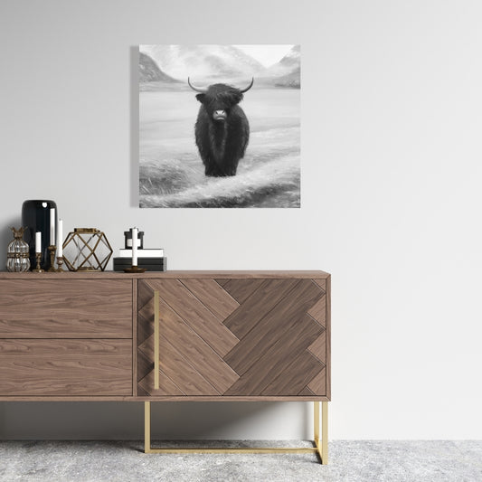 Monochrome Highland Cow Canvas - White Animals Bedroom Decor