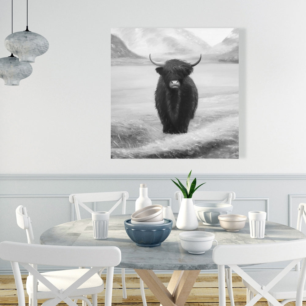 Monochrome Highland Cow Canvas - White Animals Bedroom Decor