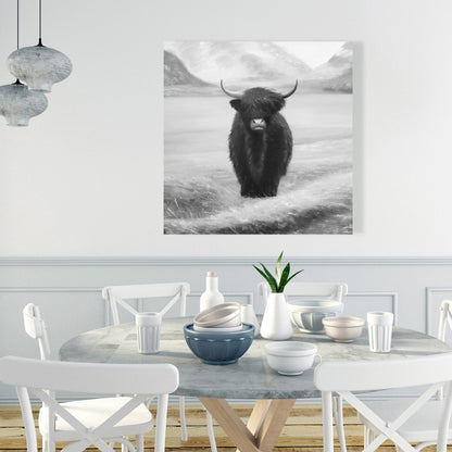 Monochrome Highland Cow Canvas - White Animals Bedroom Decor