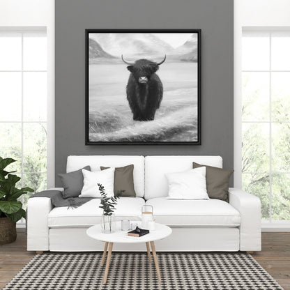 Toile monochrome « Vache des Highlands » | Décoration de chambre avec animaux blancs