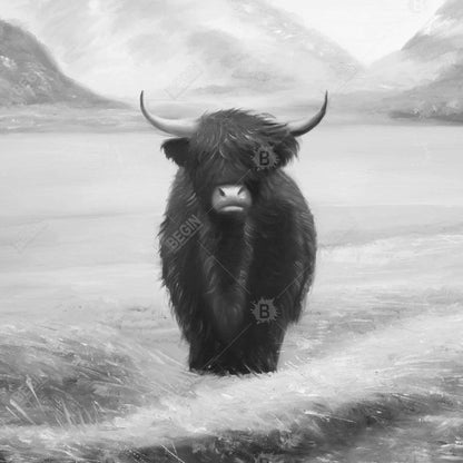 Monochrome Highland Cow Canvas - White Animals Bedroom Decor