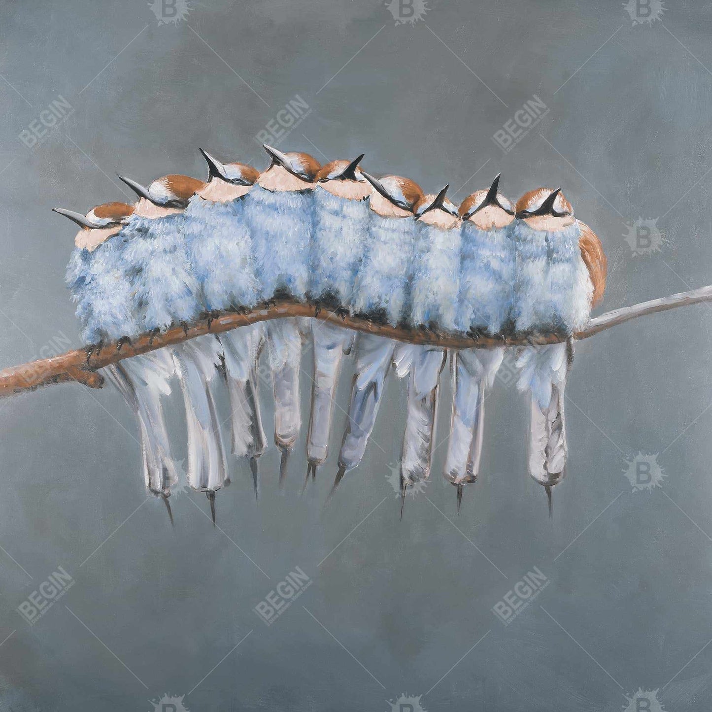 Bouquet de petits oiseaux sur une branche – Toile encadrée Animaux bleus