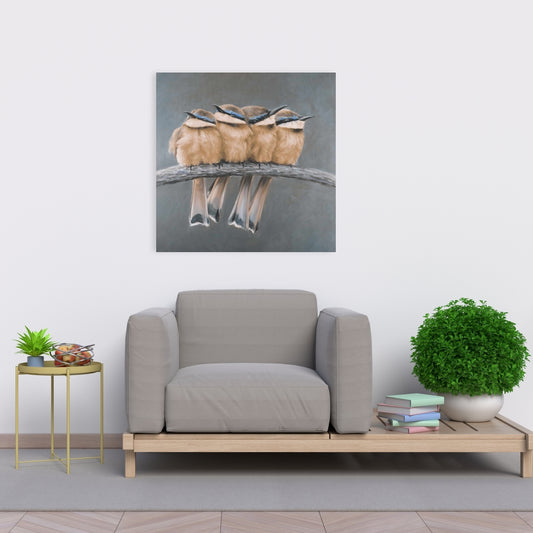 Four Birds on a Branch Canvas Art - Brown Home Decor