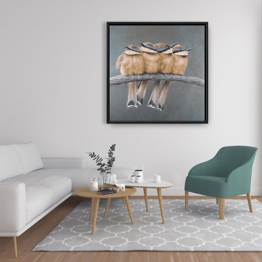 Toile encadrée marron exotique - Décor quatre oiseaux sur une branche