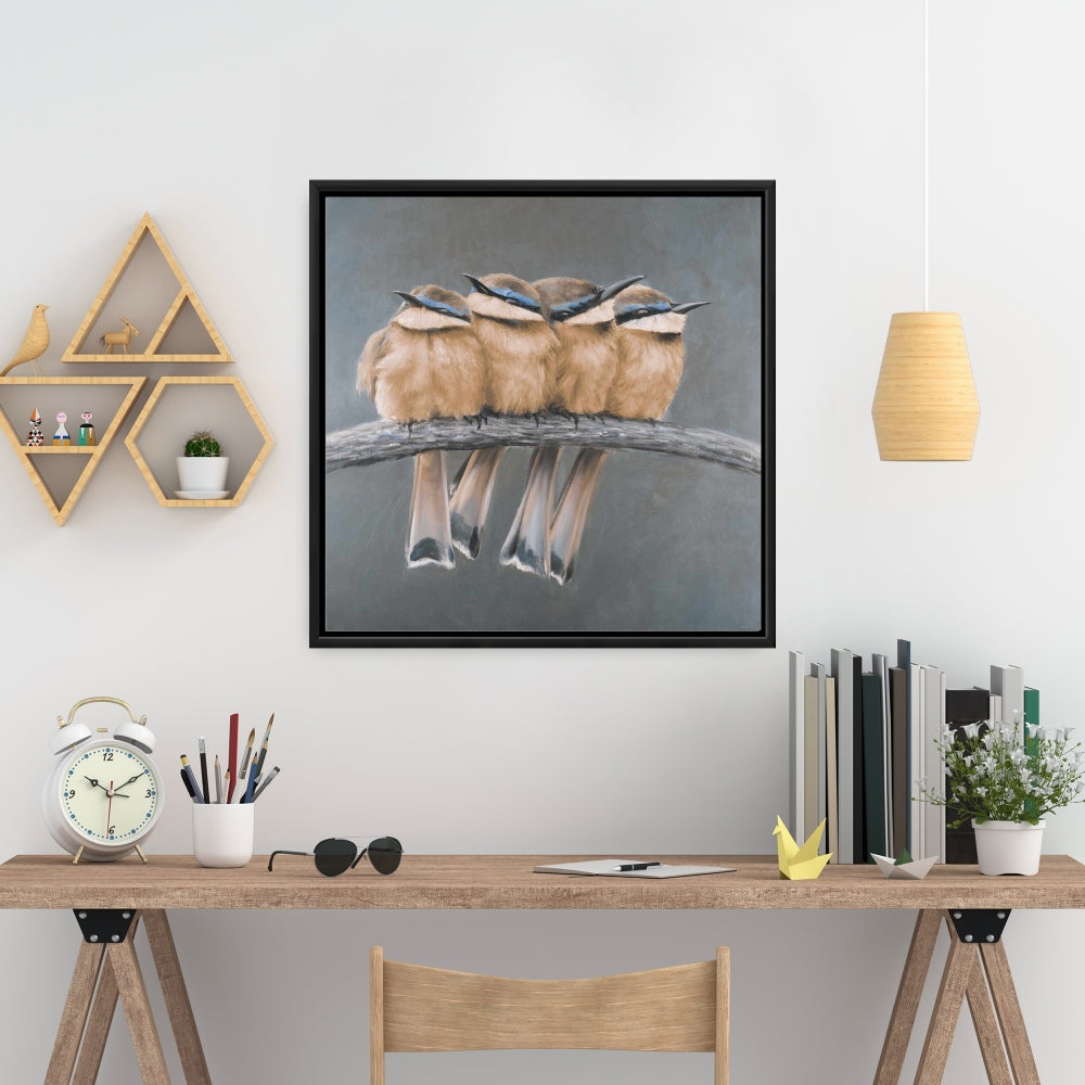 Toile encadrée marron exotique - Décor quatre oiseaux sur une branche