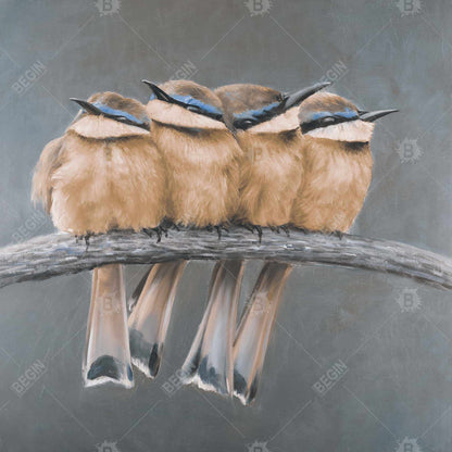 Toile encadrée marron exotique - Décor quatre oiseaux sur une branche