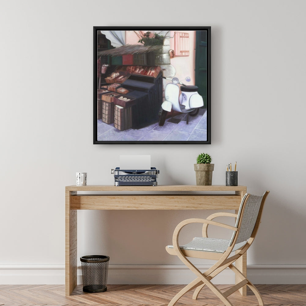 Kiosk in Italy Coral Framed Canvas - Bedroom Decor Art