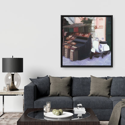 Kiosk in Italy Coral Framed Canvas - Bedroom Decor Art