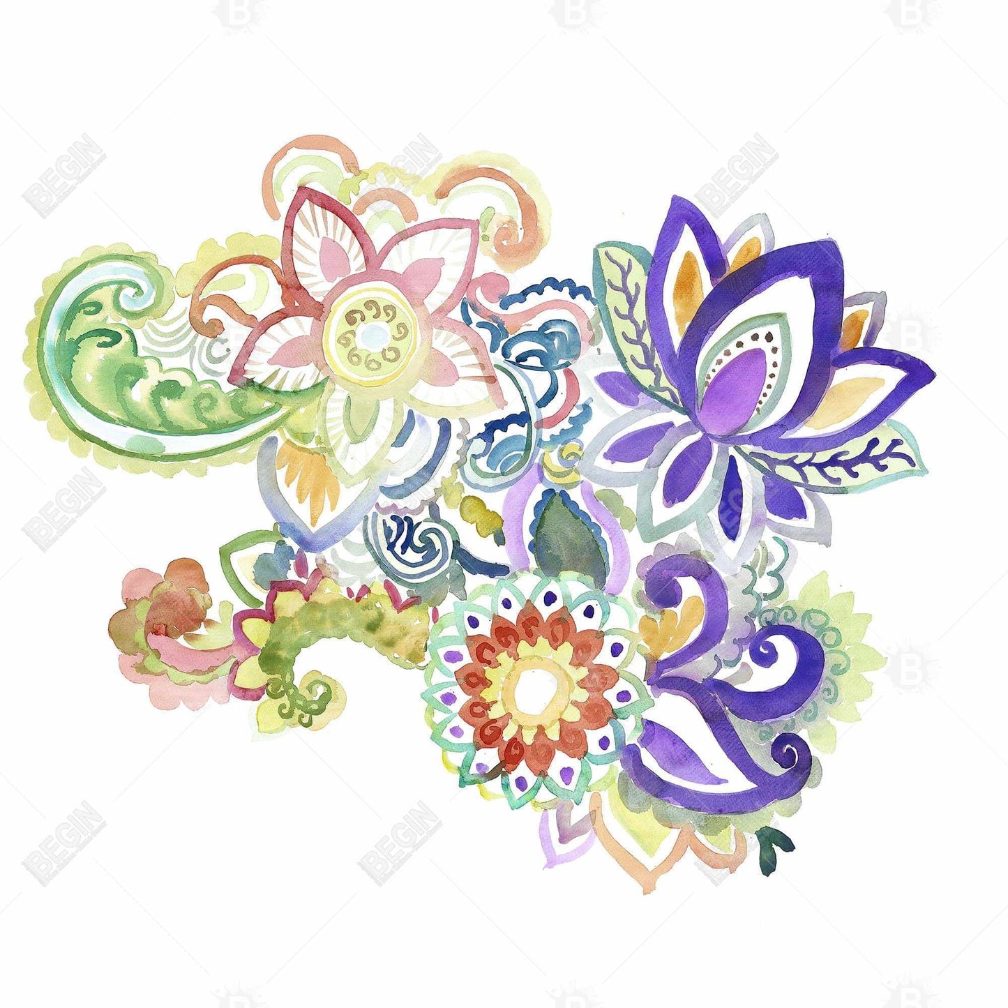 Paisley Watercolor Purple Flowers Canvas - Bedroom Wall Art