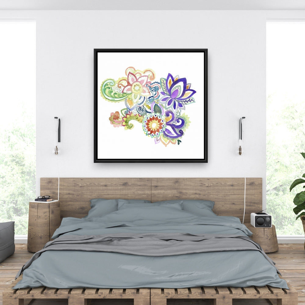 Paisley Watercolor Purple Flowers Canvas - Bedroom Wall Art