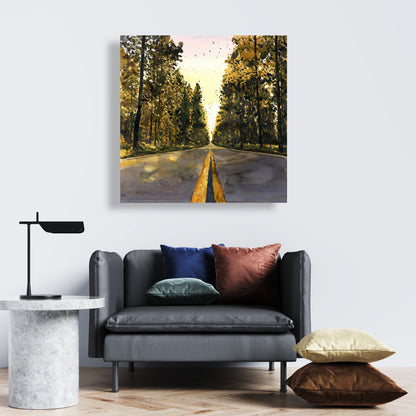 Long Road Trees Illustration - Yellow Canvas for Home Decor