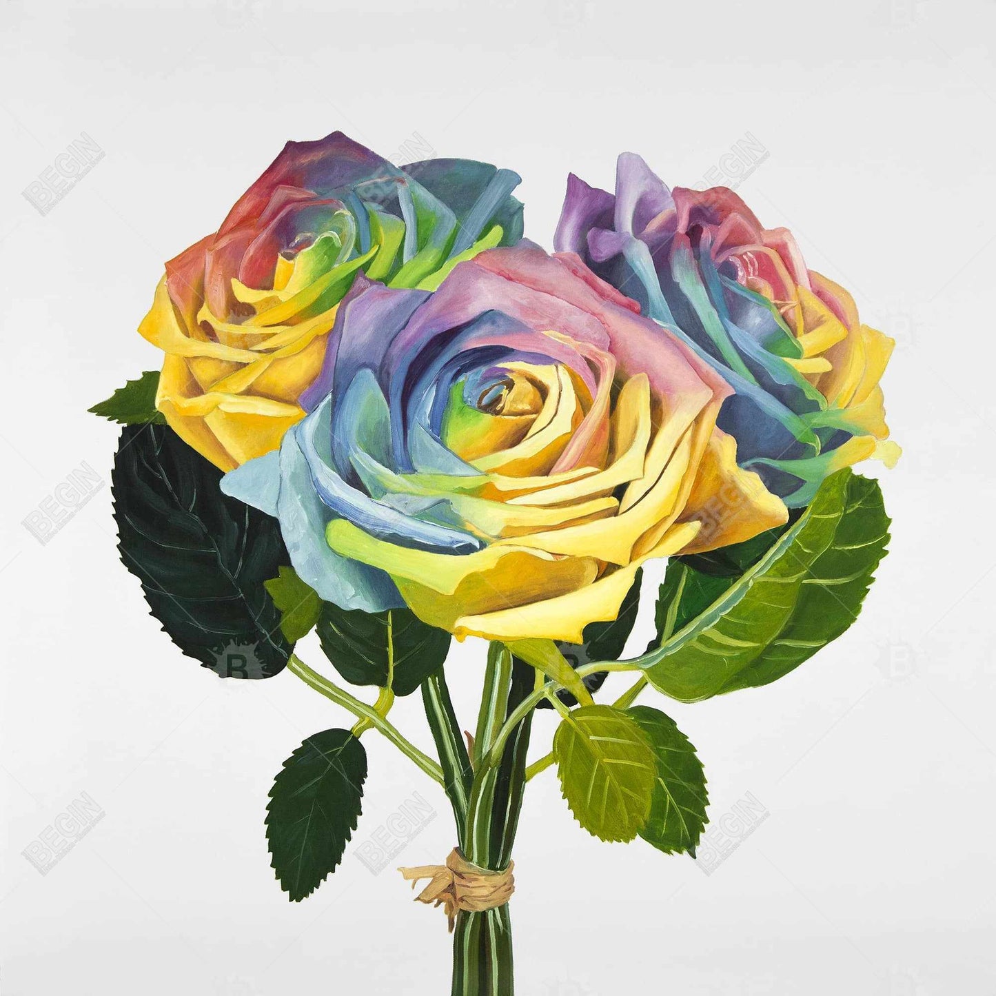 Bouquet of Rainbow Roses | Yellow Framed Canvas - Home Decor